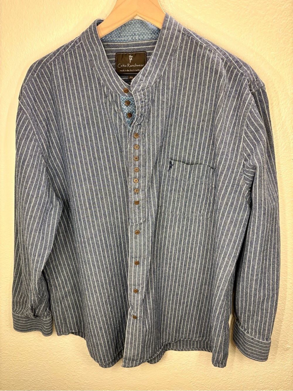 Celtic Ranchwear 2XL Blue Striped Linen Cotton Button Up Shirt Irish